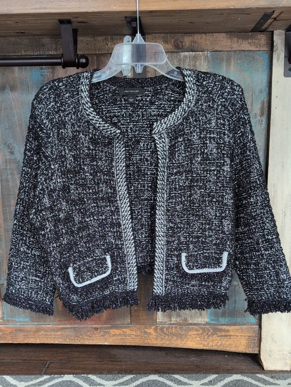Ann Taylor Boucle Cropped Open Sweater Jacket Frayed Trim - Women's Large